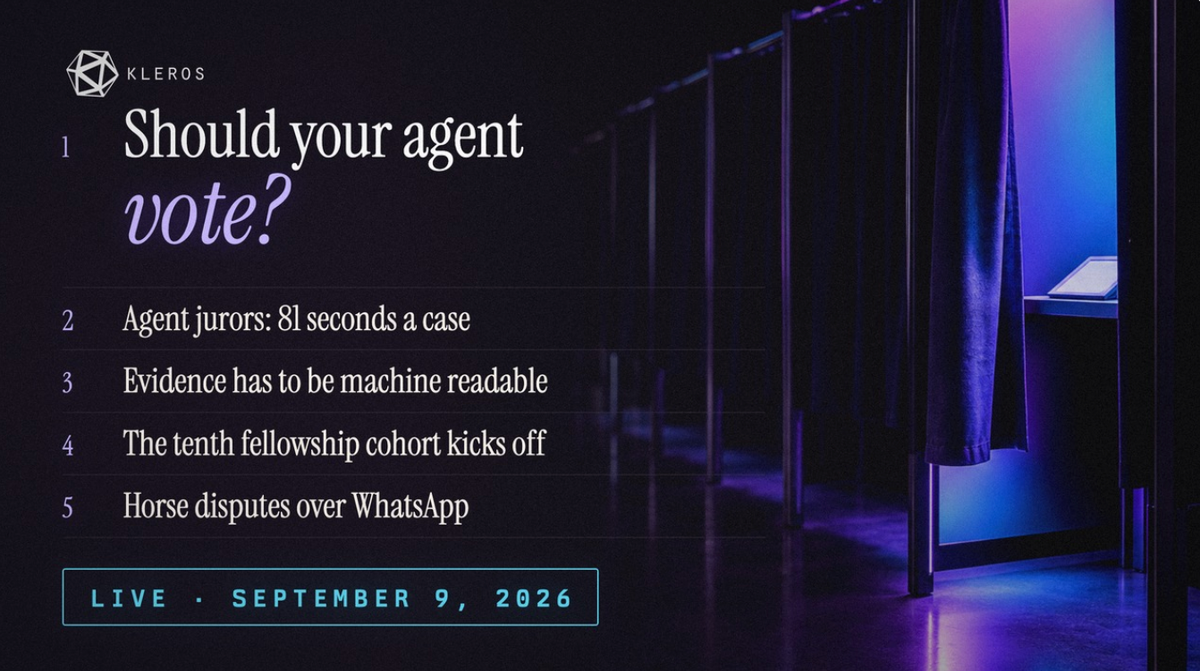 Kleros Live Stream, 9 September 2026: same verdict as the human panel, 300 times faster