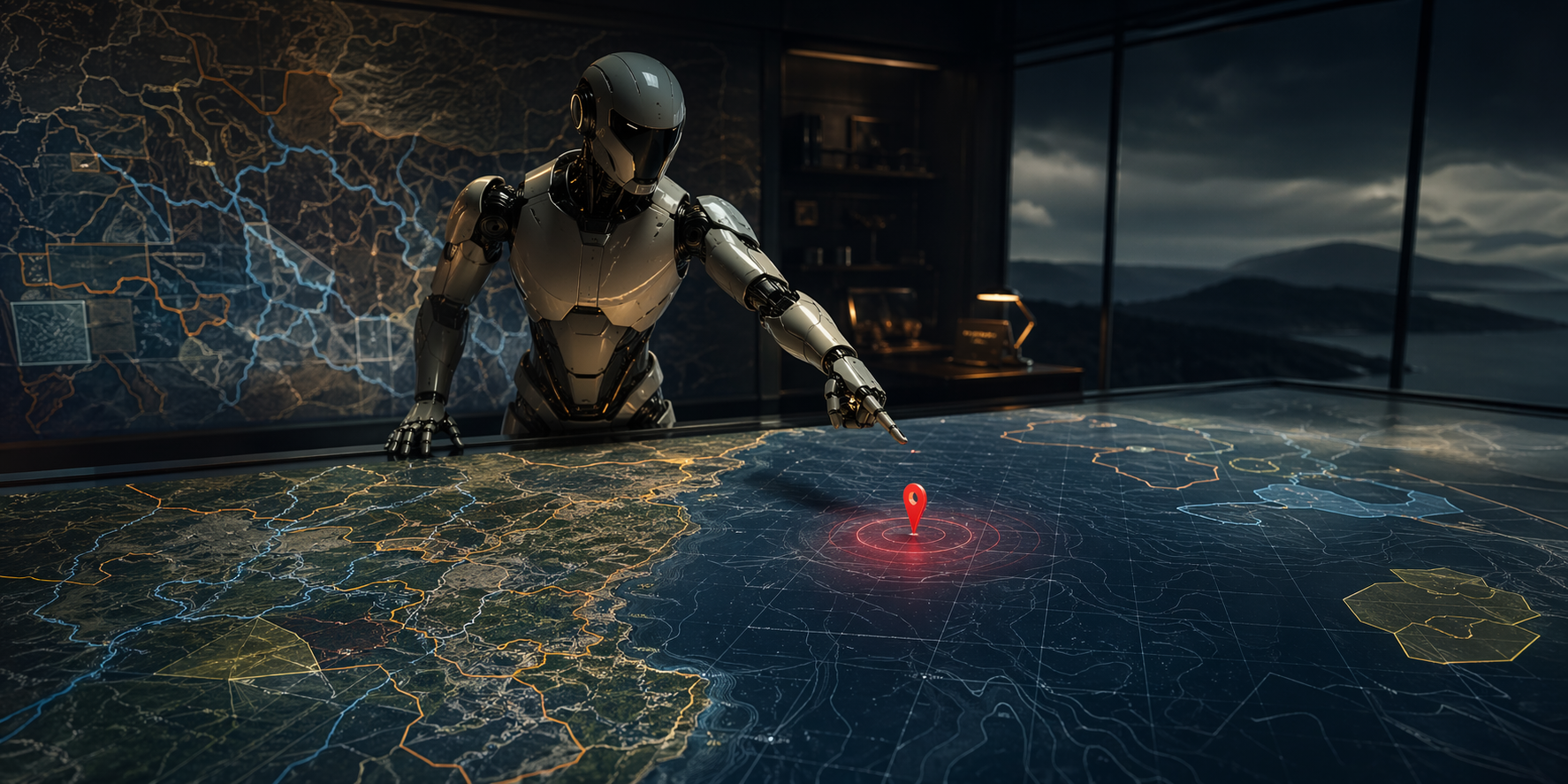 Humanoid robot points at a glowing red map pin placed in the ocean on a detailed GIS map, confidently indicating an obviously incorrect location.