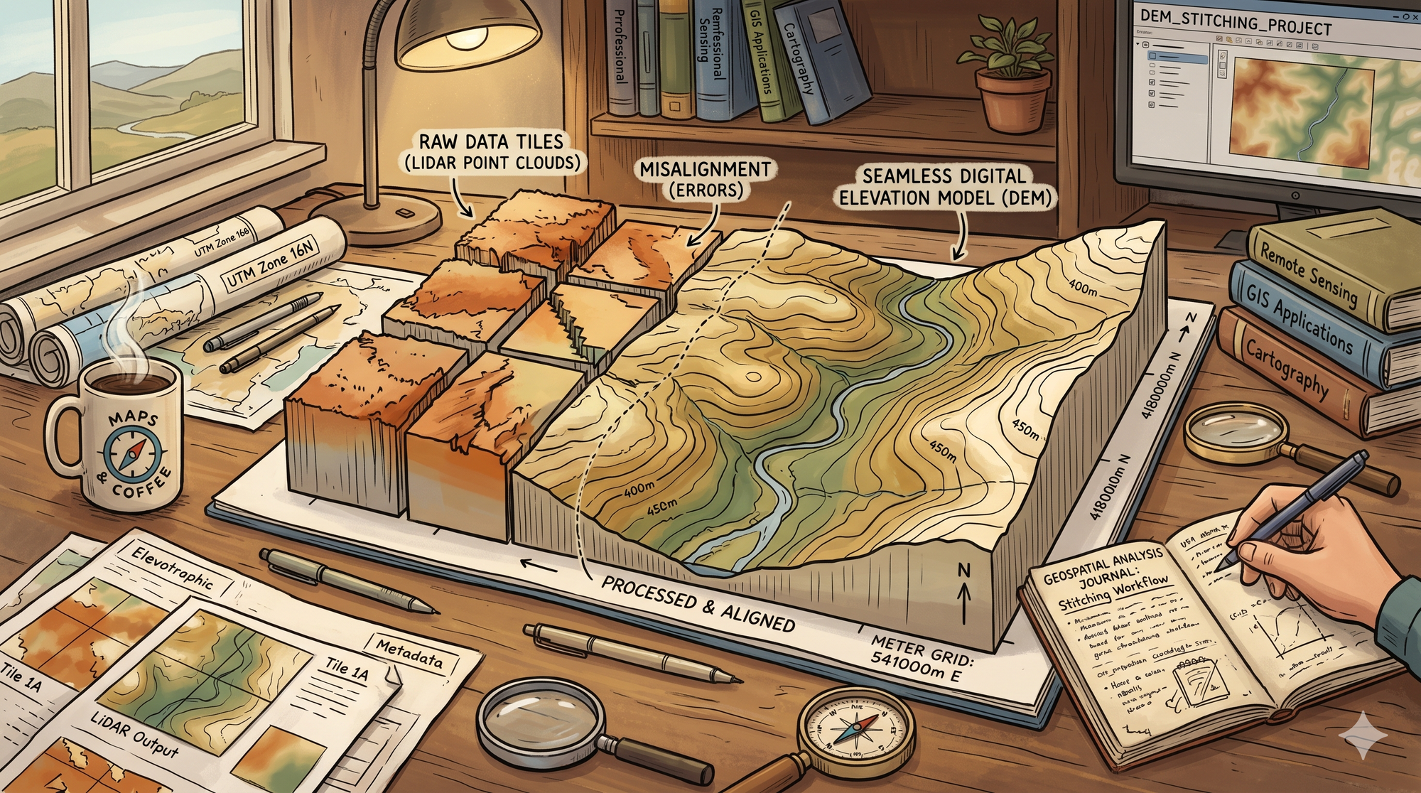 llustrated geospatial analyst's desk showing fragmented lidar tiles transitioning to seamless elevation model with contour lines, surrounded by maps and GIS materials.
