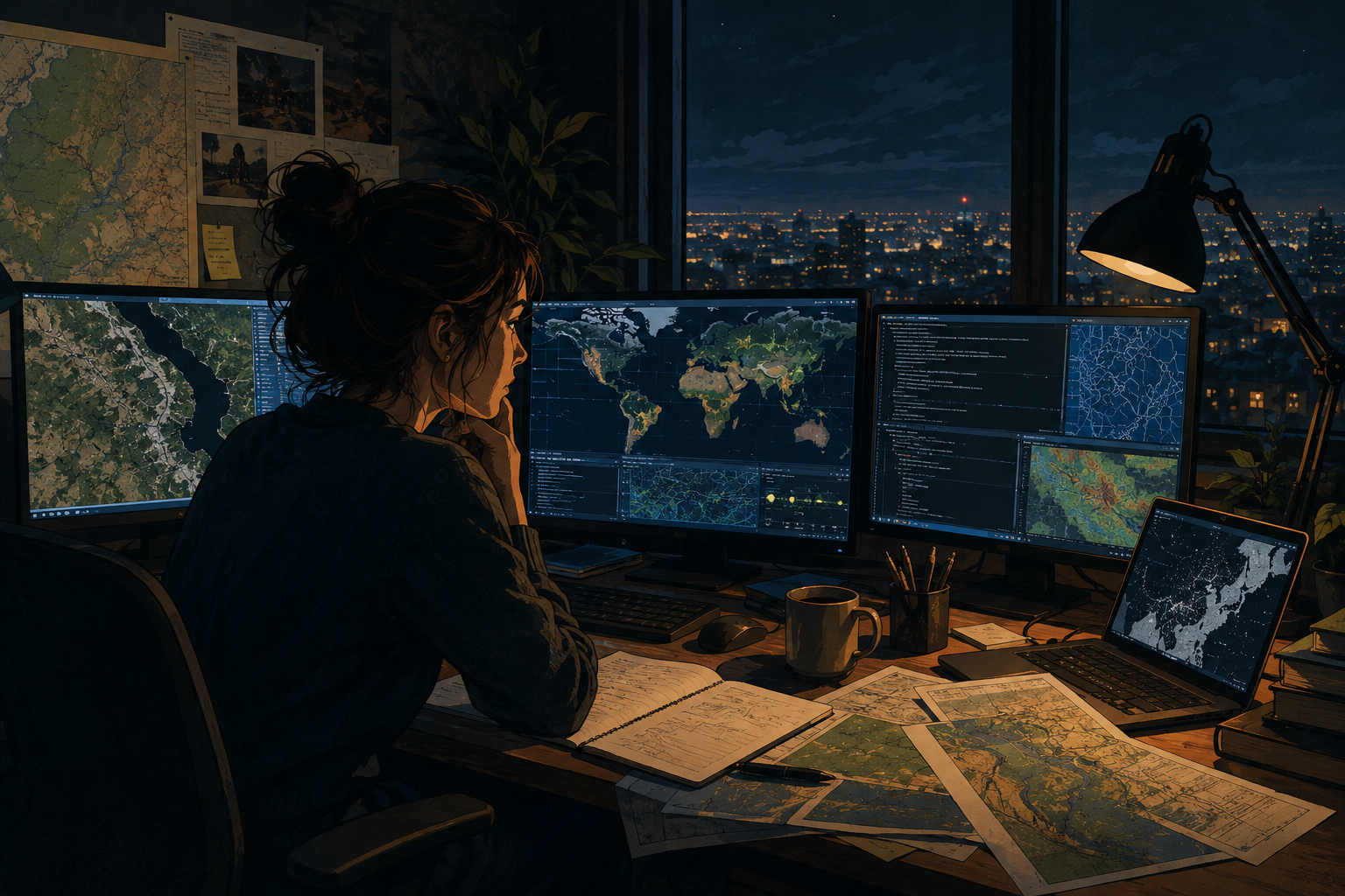 Woman working late at GIS monitors overlooking a city at night.