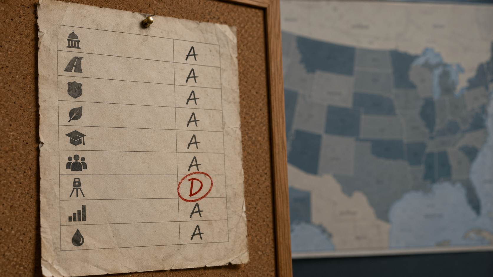 Weathered report card pinned to a corkboard with mostly A grades and a circled red D, set against a blurred U.S. map.