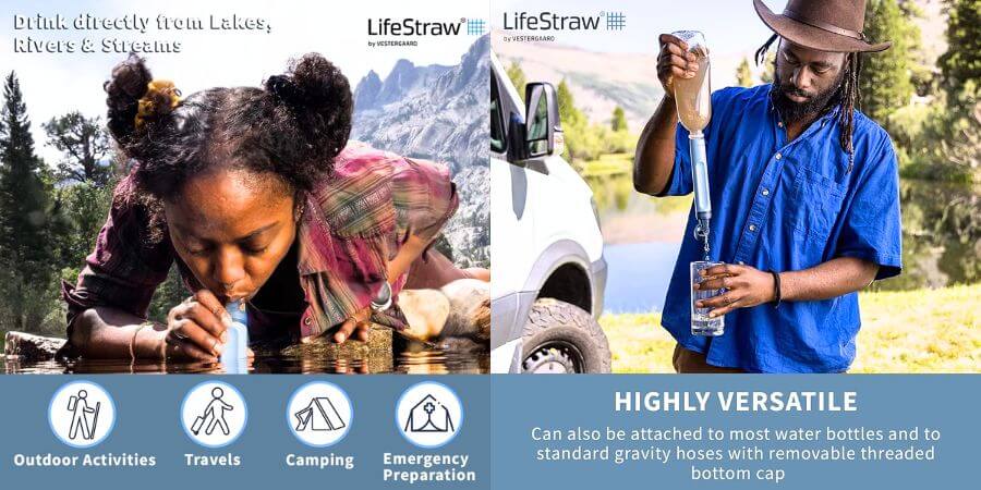People using LifeStraw water filter outdoors, drinking from a stream and filtering water into a bottle while camping.