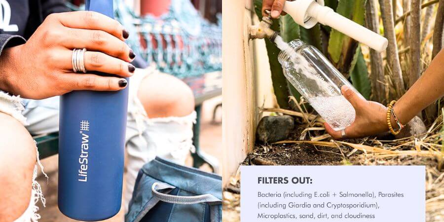 Reusable LifeStraw water bottle shown in everyday use and refilled from an outdoor tap, demonstrating portable filtration for safer drinking water.