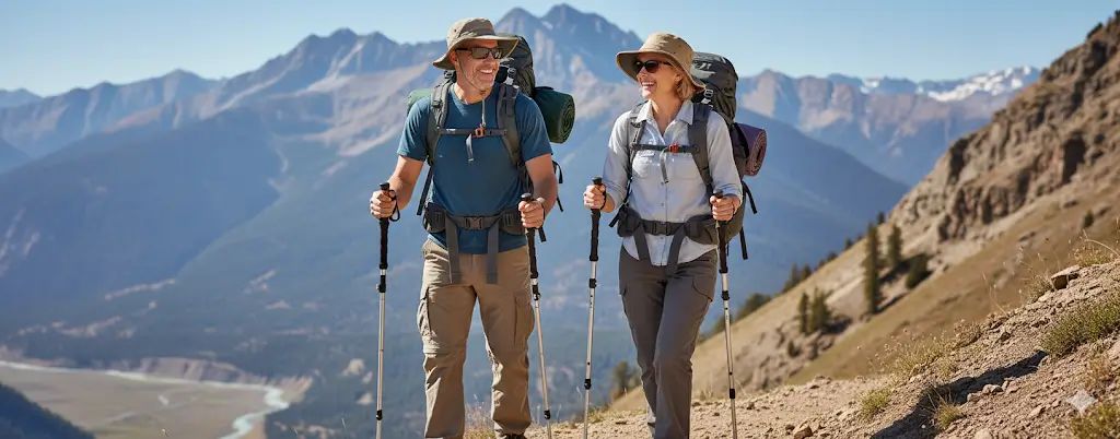 Couple Hiking On A Mountain Slope Using Hiking Poles
