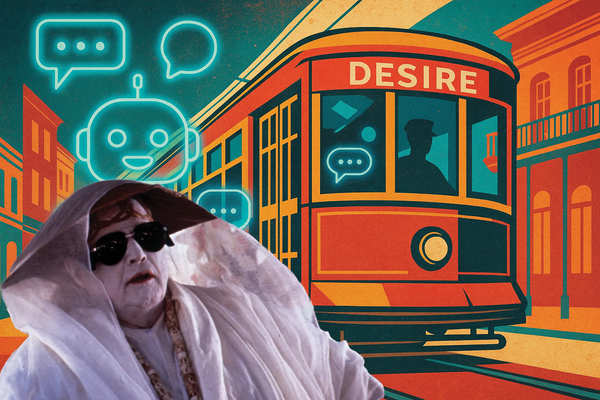 A collage of an elderly Marlon Brando in veils and sunglasses, superimposed onto a retro poster of a New Orleans streetcar labelled “Desire”, surrounded by glowing chatbot icons.