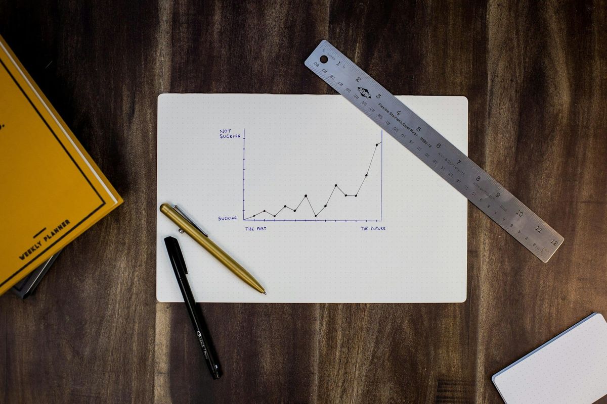 A hand-drawn line graph on paper with a metal ruler and two pens