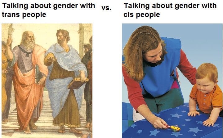 meme comparing talking about gender with trans people (Plato and Aristotle walking side by side) and talking about gender with cis people (a small child being shown a simple toy)