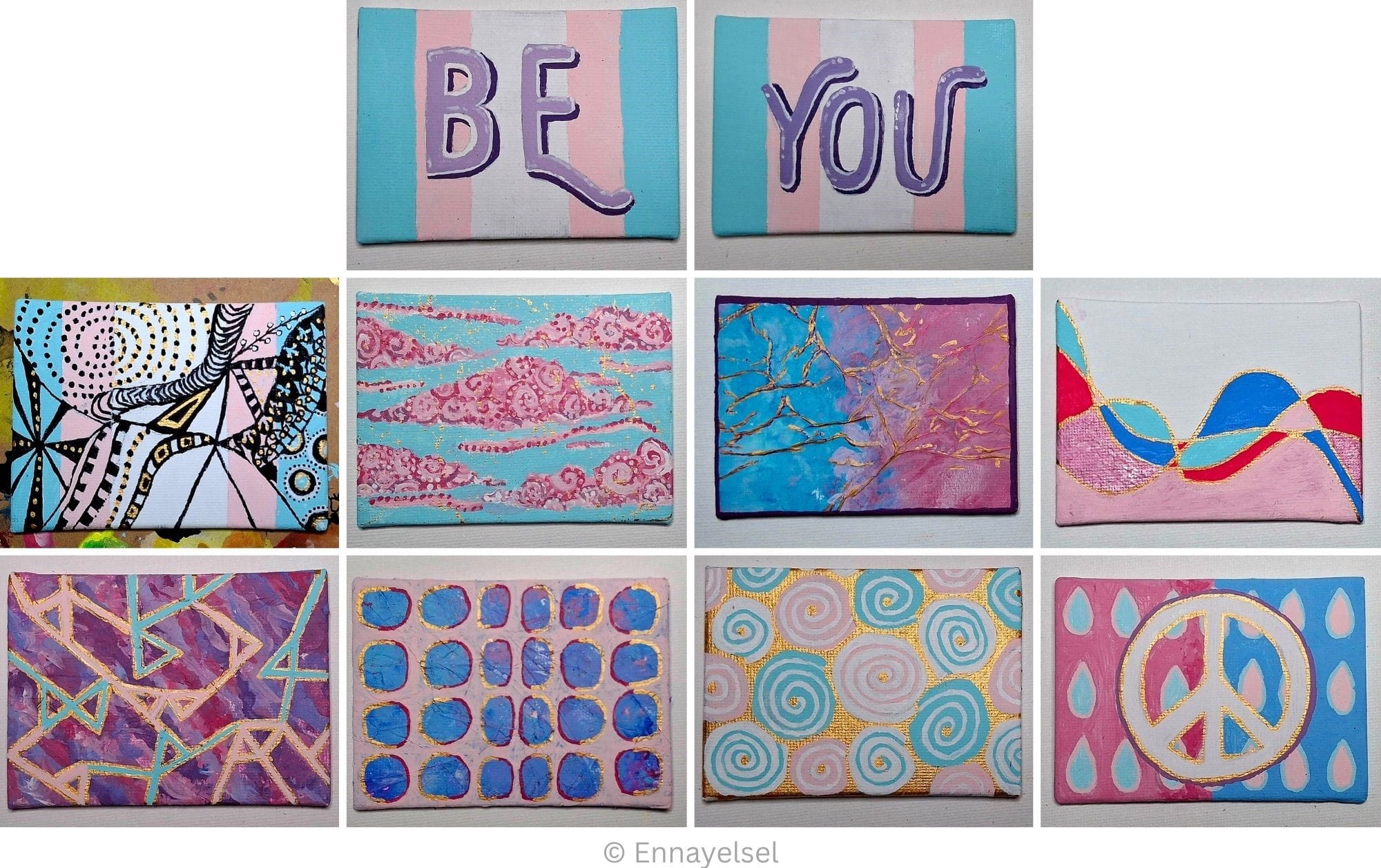  A 10-piece mini art series on trans joy.  Descriptions of the works: 1. Radiant Defiance: We Can Fight This A bold abstract pattern symbolising trans resilience. The gold represents strength and hope. We are here. We are strong. We will not be silenced. (1/8) 2.	We Rise Together A love letter to the trans community. You are seen, valued, and never alone. From one fierce mama to many brave souls. Together, we rise. (2/8) 3.	Strong Together This textured piece carries gold-lined affirmations of unity and belonging. You are loved. You belong. We are stronger when we lift each other. (3/8) 4.	Waves of Becoming Evokes the fluid journey of self-discovery and identity. A celebration of growth and the beauty of becoming. (4/8) 5.	Whatever It Takes Survival is not a choice. It's a necessity. Joy is resistance, proof of existence. This piece honours the fight to live fully and authentically. (5/8) 6.	Unyielding A celebration of our unwavering truth. No force can break this joy. We are here, we are whole, we are unyielding. (6/8) 7.	Joy of Self Spirals of self-discovery, growth, and affirmation. Embracing yourself fully, without hesitation or fear. (7/8) 8.	Flood of Peace Like Rain Like rain nourishes the earth, peace and joy nourish us. This piece is about collective healing, strength, and flooding the world with kindness. (8/8) 9.	Be A quiet yet powerful affirmation. Be. 10.	You A companion to Be. A reminder that You are enough, always.