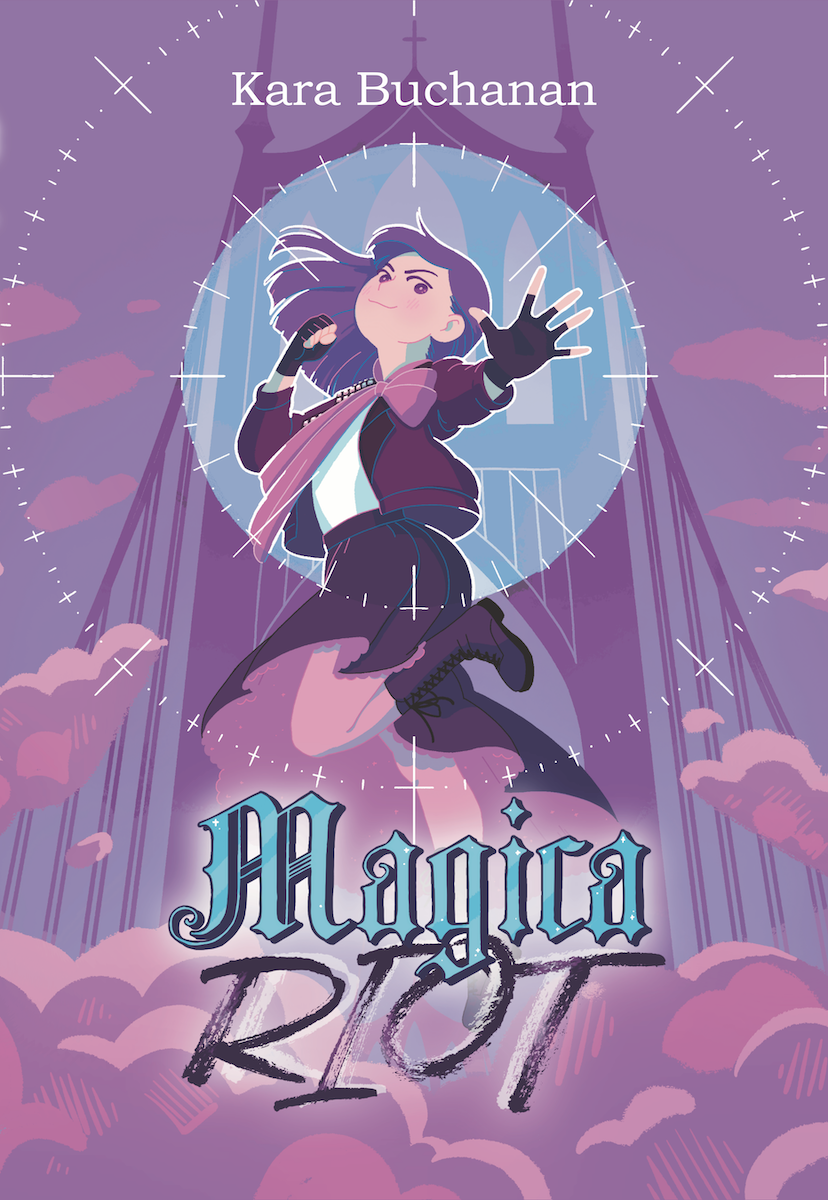 cover image for Magica Riot featuring a purple and pink illustration with a girl leaping into the air surrounded by energy and clouds