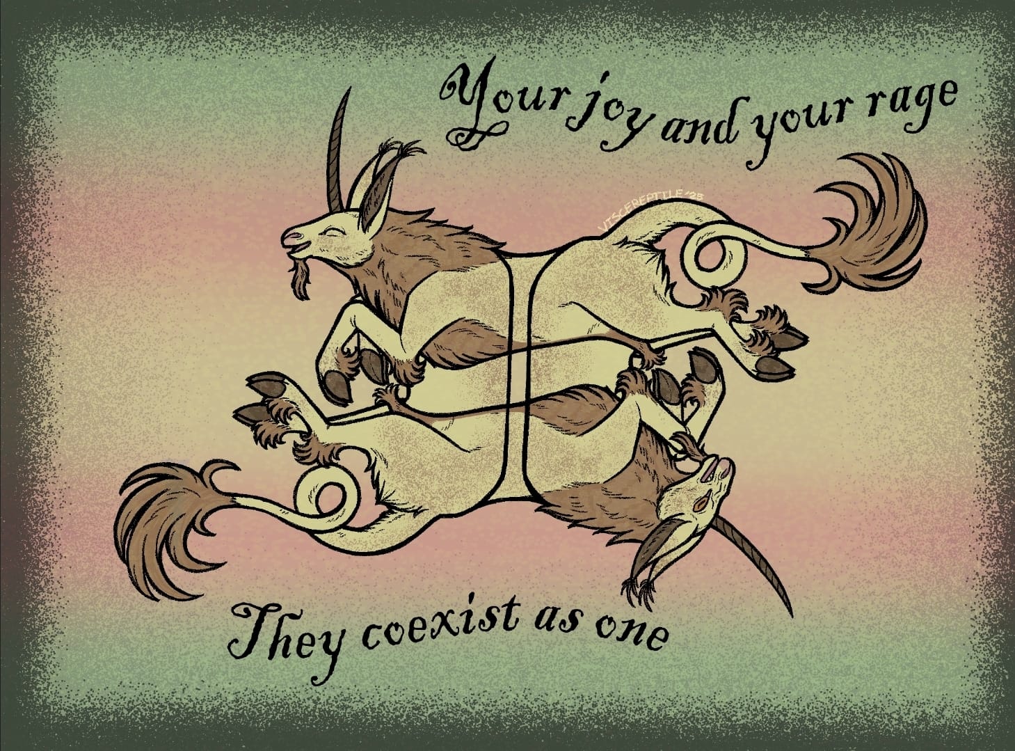 faded trans flag background emblazoned with a mythical two-headed goat creature that says your joy and your rage, they coexist as one