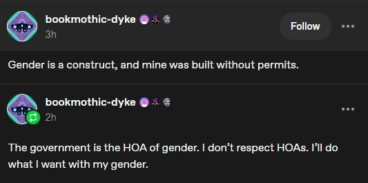 tumblr post by bookmothic-dyke that says Gender is a construct, and mine was built without permits. Followed by another post that says The government is the HOA of gender. I don't respect HOAs. I'll do what I want with my gender.