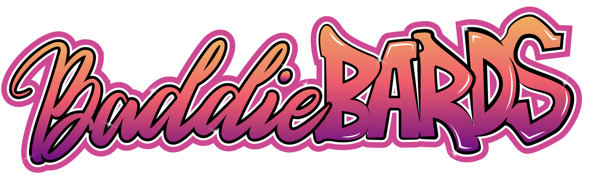 Baddie Bards logo in retro orange and fuschia gradient