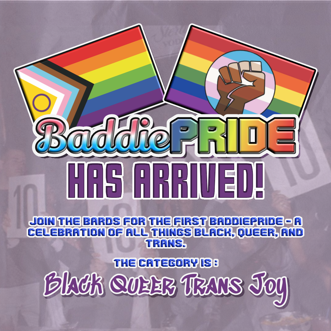 Baddie Pride announcement with two pride flags - first progress pride, then a rainbow flag with a trans flag circle and dark-skinned fist raised at the center