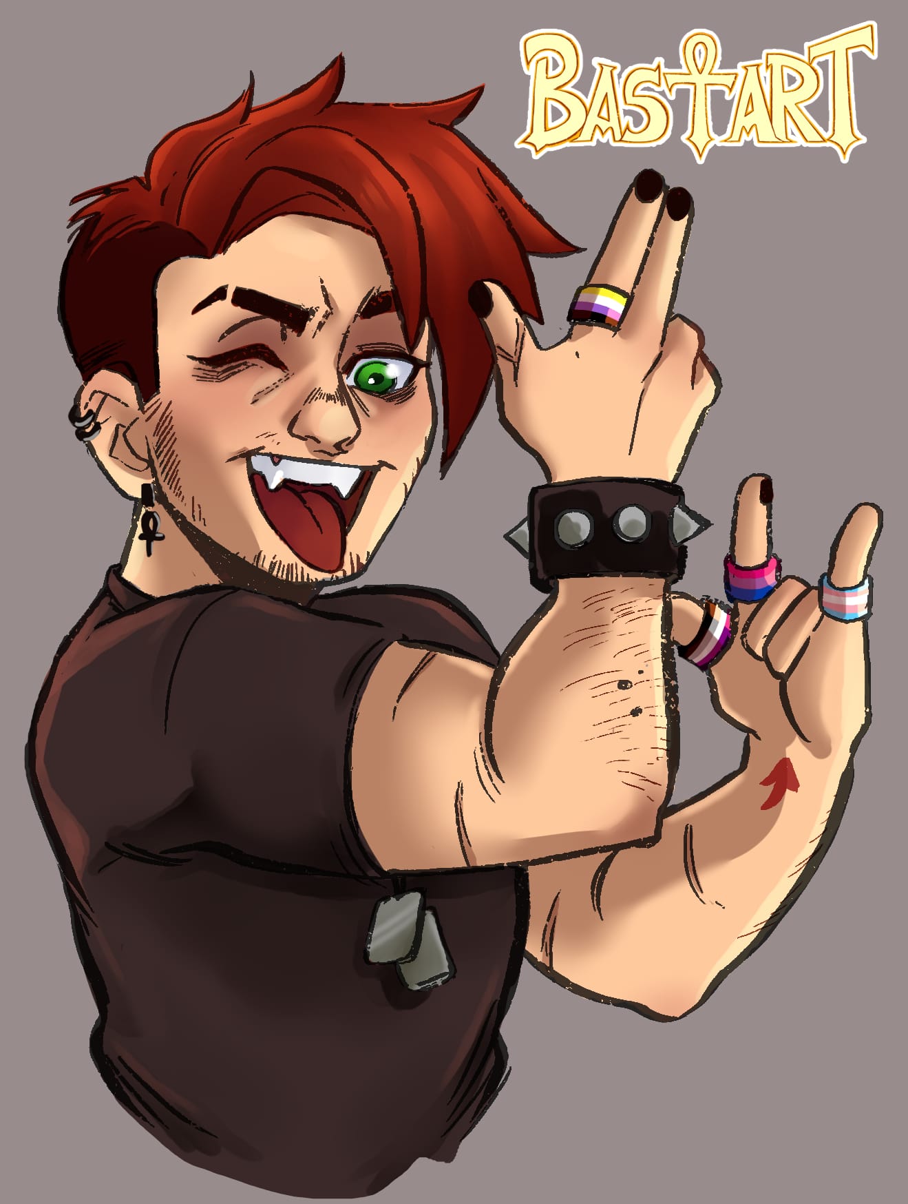 Digital illustration of a joyful transmasc person with vampire fangs, short red hair, and multiple pride rings (trans, nonbinary, ace, and bi) on his fingers. He is flexing his arm proudly, winking, and smiling with his tongue out. He wear a black shirt, earrings, and a spiked bracelet. The word “Bastart” is written in stylized letters at the top. The tone is playful and confident.