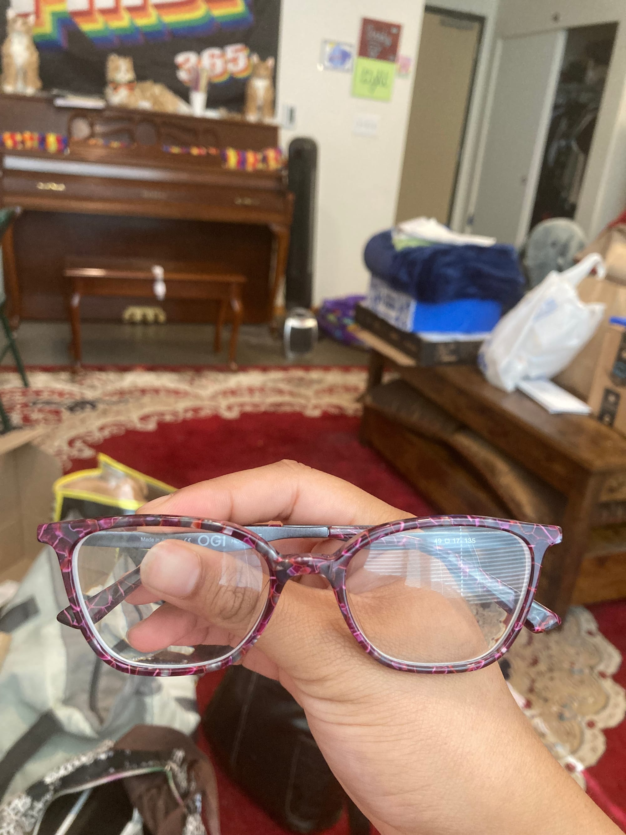 a pair of pink and brown patterned frames held up in a colorful living room