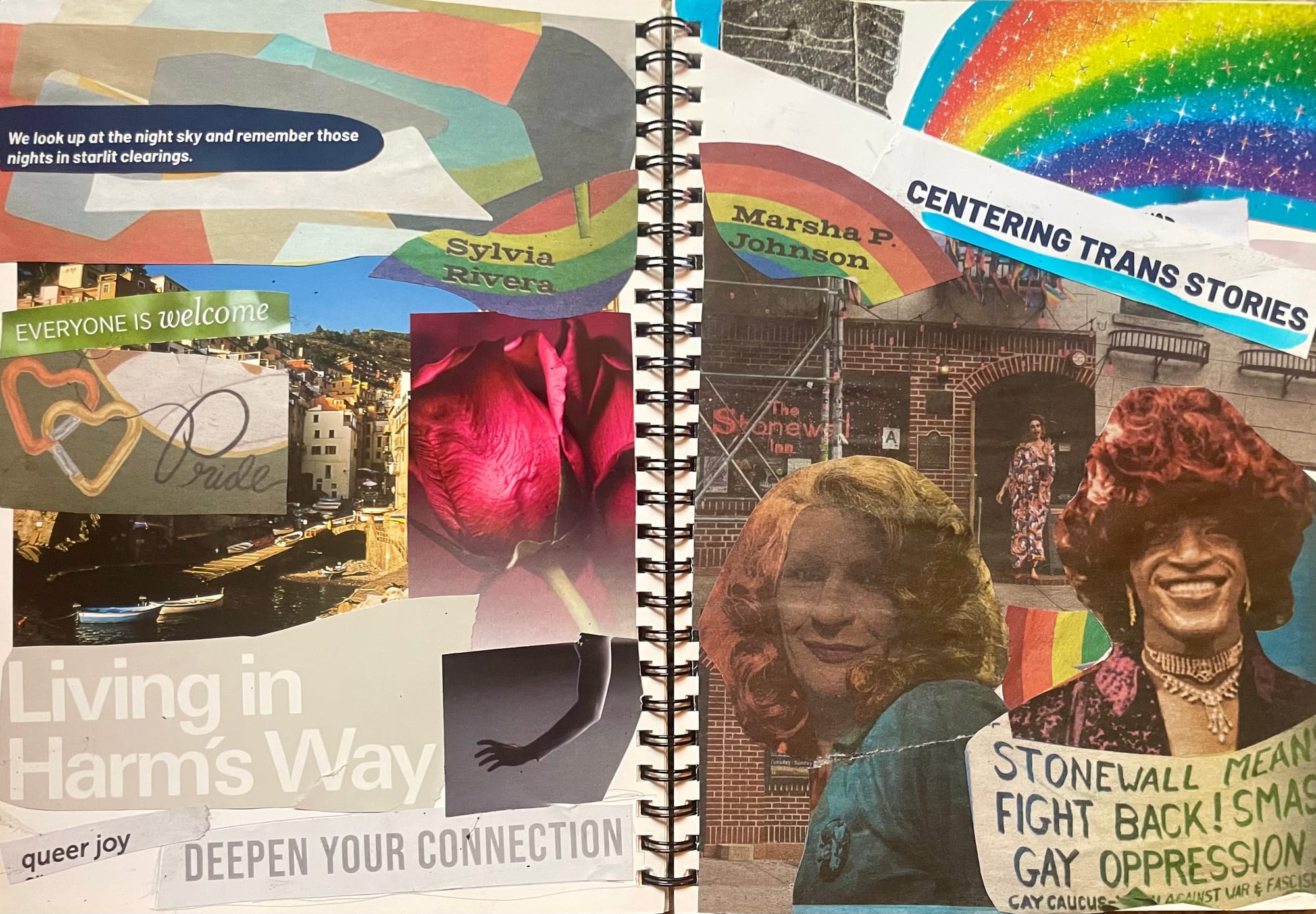 a two page spread of colorful images and words, including cutouts of Silvia Rivera and Marsha P. Johnson and the Stonewall Inn, and phrases like Everyone is Welcome and Centering Trans Stories