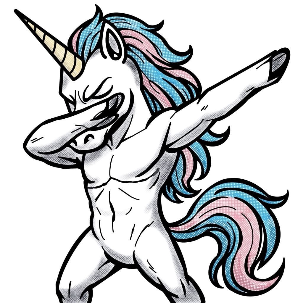 unicorn dapping with intersecting top surgery scars as well as a blue and pink mane and tail