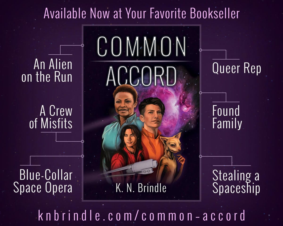 cover of Common Accord featuring four characters and a spaceship flying across a purple galaxy backdrop. listed features include An alien on the run and A crew of misfits.