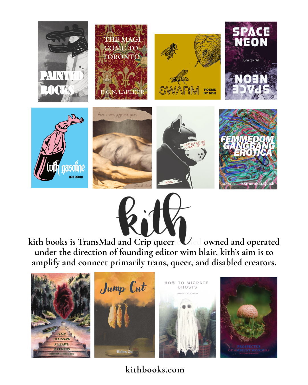 A collection of 12 kith books covers laid out in a grid surrounding the following text: kith books is TransMad and Crip queer owned and operated under the direction of founding editor wim blair. kith’s aim is to amplify and connect primarily trans, queer, and disabled creators. The following books are displayed: Painted Rocks by Parker Wilson, The Magi Come To Toronto by E.G.N. Lafleur, SWARM by NDR space neon neon space by luna rey hall, with gasoline by nat raum, here I am, pry me open by Atlas St. Cloud, Like Blood on a Dog's Teeth by Nivik, Femmedom Gangbang Erotica by Esmeralda Quick, Is My Chainsaw a Heart by Elizabeth R. McClellan, Jump Cut by Helen Gu, How to Migrate Ghosts by Jaiden Geolingo, Prospectus of Ambient Wonders by Matthew Burnside