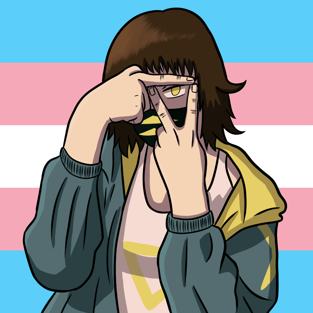 A digital drawing of a young light-skinned woman with short brown hair, wearing a green jacket and a mask. She's making a triangle with her fingers that hovers over her eye, and behind her is the trans pride flag. 