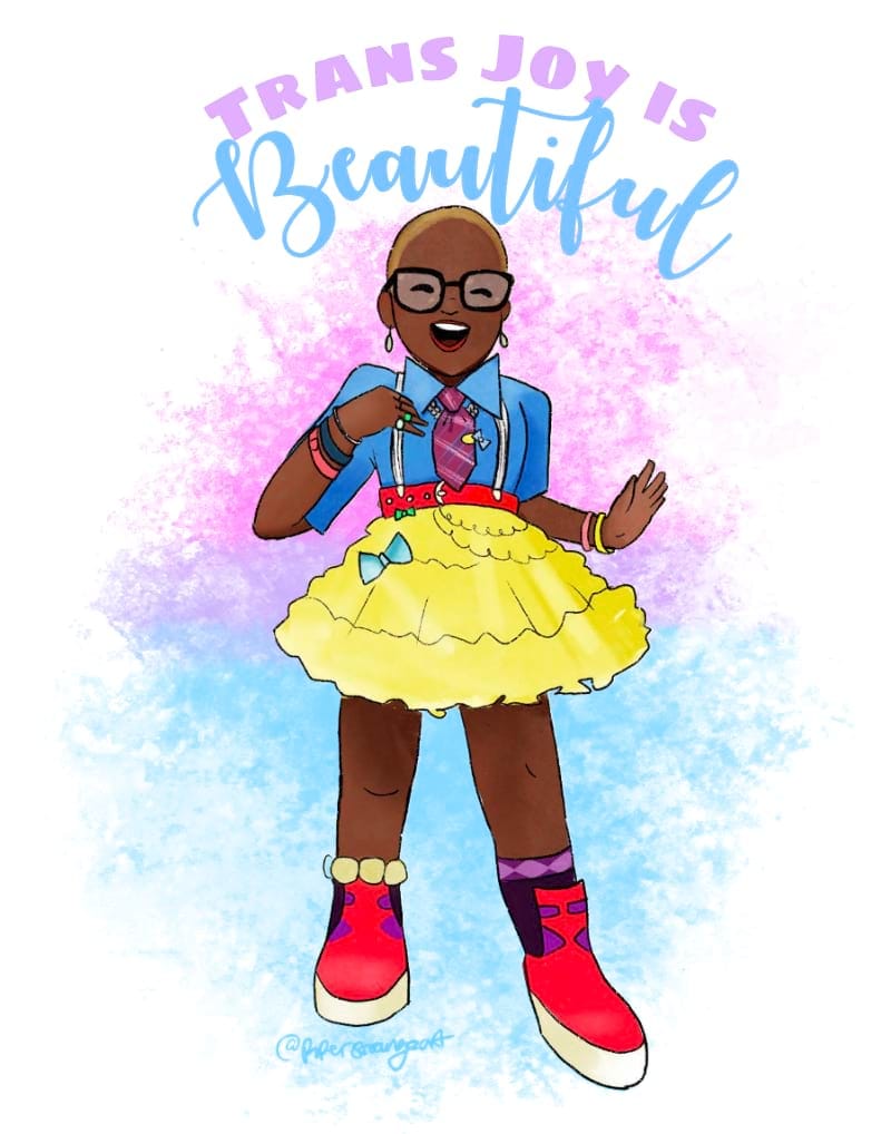 An illustration of a Black slim, femme presenting person. They are wearing a blue shirt, purple tie, a yellow tutu and red suspenders. They are beaming with happiness. The text above says "Trans Joy Is Beautiful".