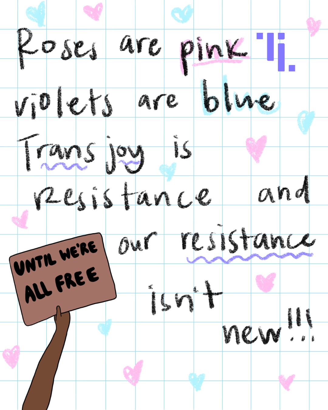 Blue and white grid background, a brown arm holding a sign saying Until We're All Free, and the handwritten words Trans joy is Resistance and our resistance isn't new! with blue and pink hearts and purple squiggles.