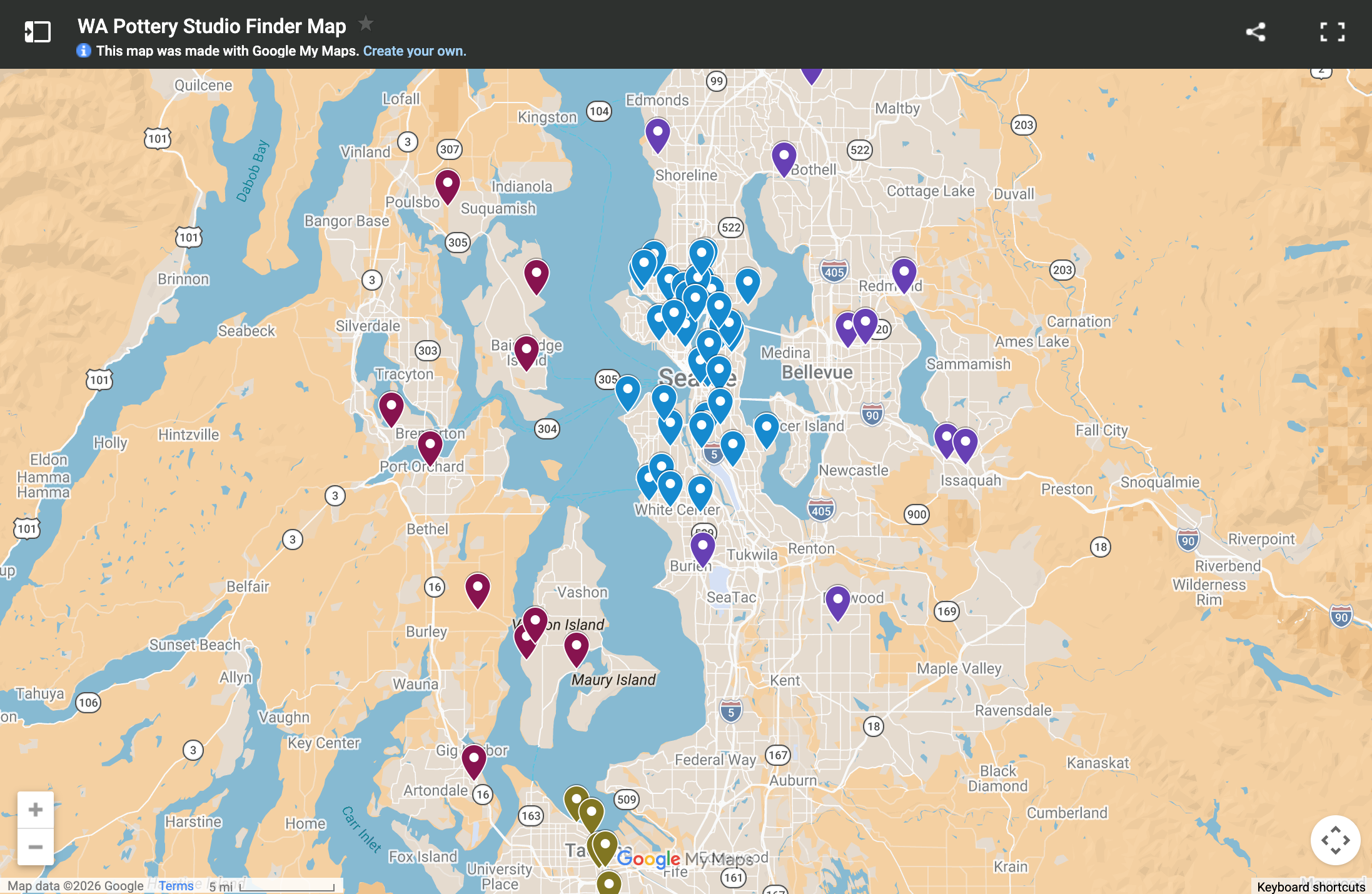 Map of Puget Sound-area Pottery Studios