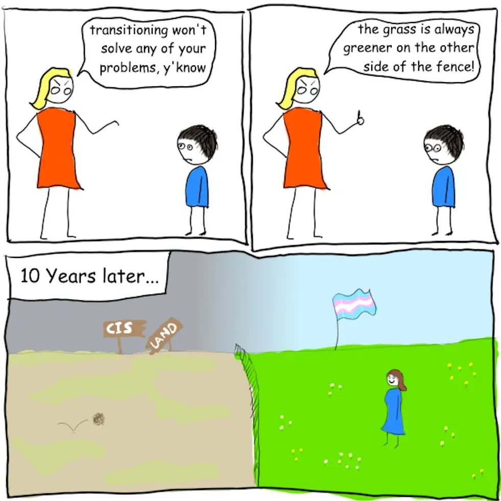 Two stick figures, a blond woman in red and a gender ambiguous kid in blue. In the first panel, the woman says "transitioning won't solve all your problems y'know," in the next panel she says "The grass is always greener on the other side." In the last panel, it reads 10 years later, and one side is a wasteland labeled Cis Land, the other side is a bright green field with a trans flag and the same kid grown up as a trans woman.