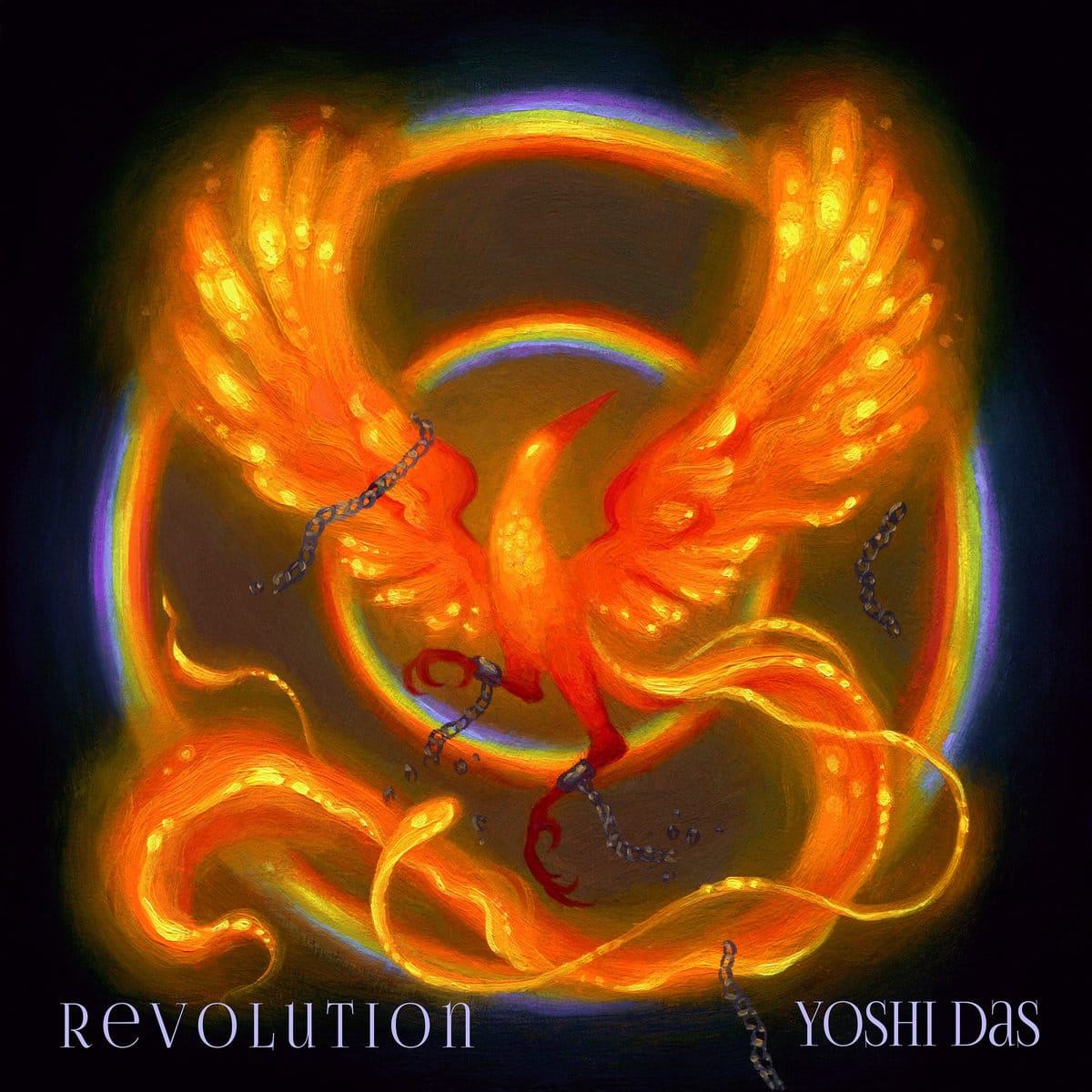 The cover of Revolution EP, featuring a painted phoenix braking free of chains, haloed by rainbows.