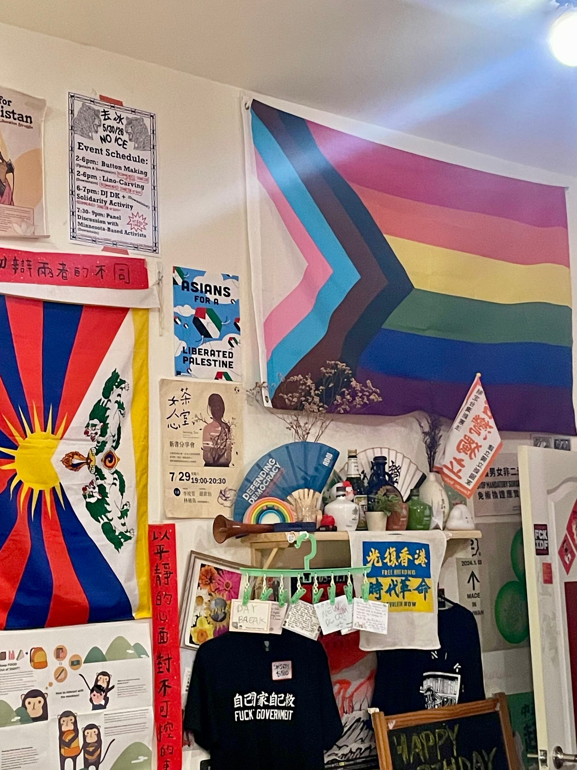 a wall of leftist decorations and imagery including the progress pride flag, posters on anti-ICE organizing and Asians for a Free Palestine, and a shirt that says Fuck Government