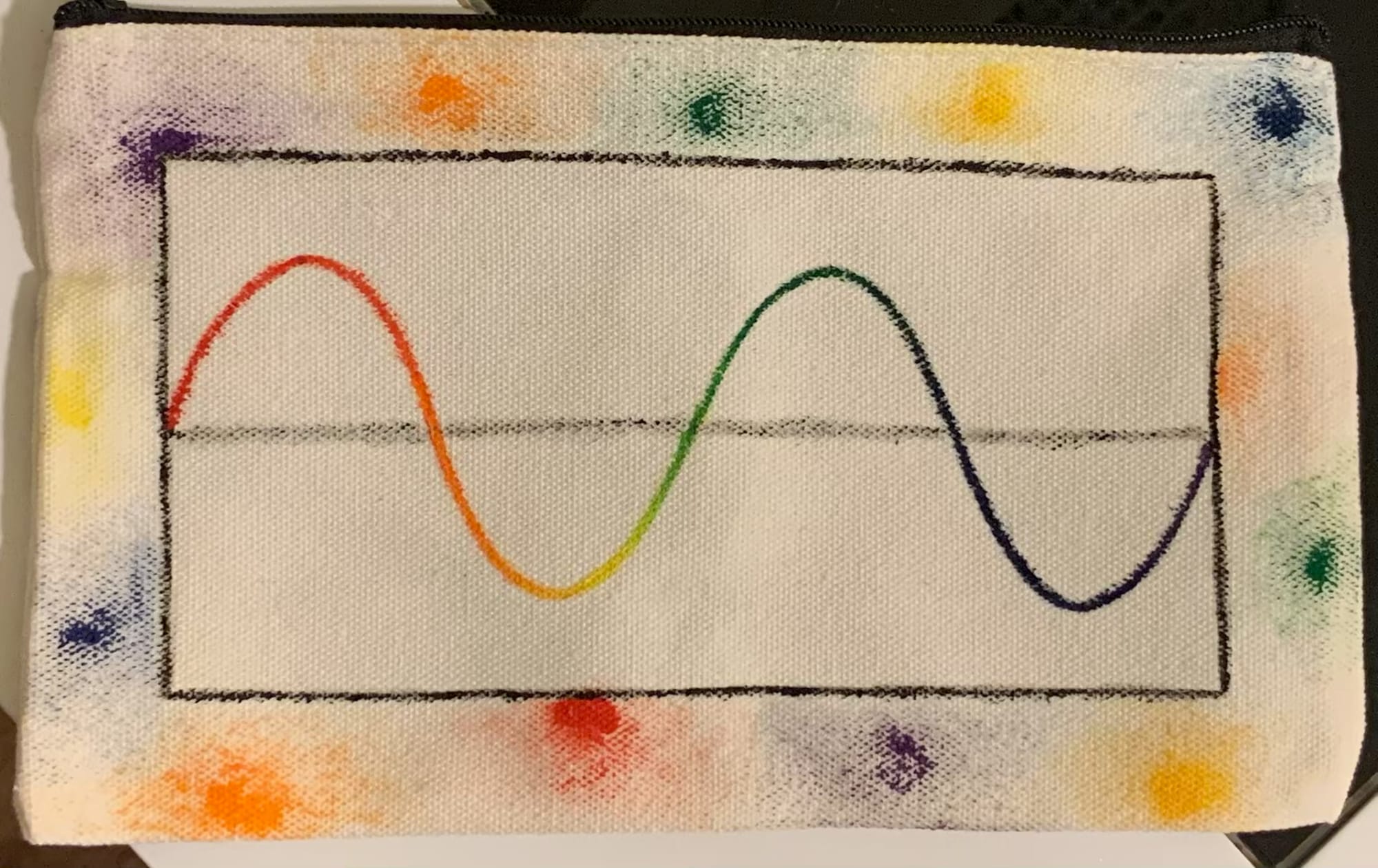 A fabric pencil pouch with a white canvas center showing a hand-painted sine wave that transitions through rainbow colors — red, orange, yellow, green, blue, purple. The border around the rectangle is splattered with dots of paint in various bright colors. A black zipper runs along the top edge.
