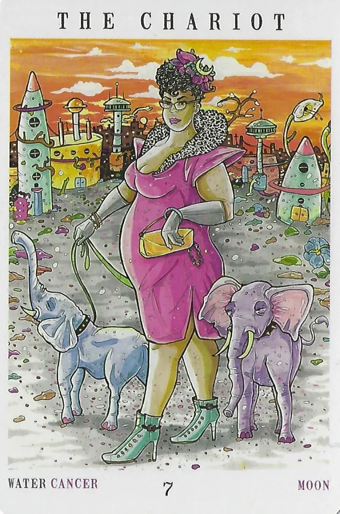 A colorful illustration titled "THE CHARIOT." A Black woman with short curly hair adorned with flowers and a crescent moon stands facing the viewer, wearing glasses, a pink sleeveless dress, a leopard-print collar, gray gloves, and turquoise heeled boots. She holds a yellow purse in one hand and green leashes in both hands, leading two small elephants — one pale blue on the left, one lavender on the right — across a debris-strewn ground. In the background, ruined futuristic buildings and tower-like structures with rings around them stand beneath an orange sunset sky. Along the bottom edge, the words "WATER CANCER," the number "7," and "MOON" appear.