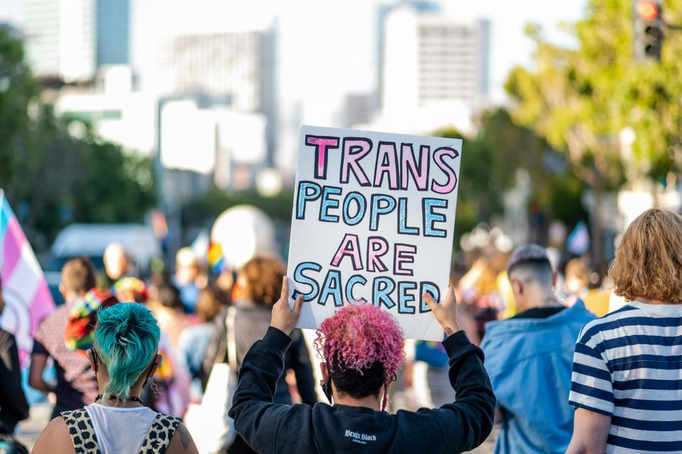 A blue and pink sign that reads Trans People Are Sacred held up by a person with light brown skin and pink curly hair. 