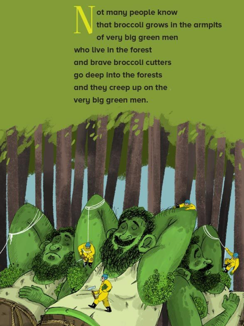 A poem by Michael Rosen about broccoli, with an image of a green giant sleeping while people cut broccoli from his armpit hairs.