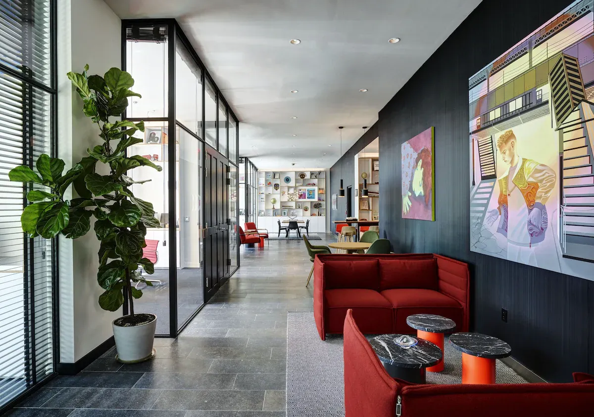 Lobby of citizenM Miami Downtown with colorful modern seating and art, budget hotel near Bayfront Park for Ultra Miami 2026.