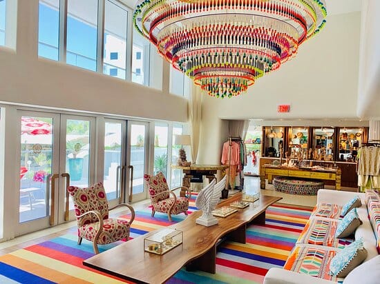 Tierra Santa Healing House lobby at Faena Hotel Miami Beach with vibrant tropical décor and serene spa ambiance at the best luxury hotel in Miami Beach.