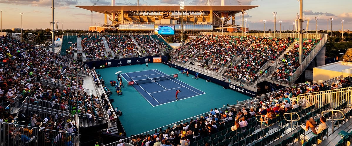 Hard Rock Stadium with Miami Open tennis court — best hotels near the tournament.