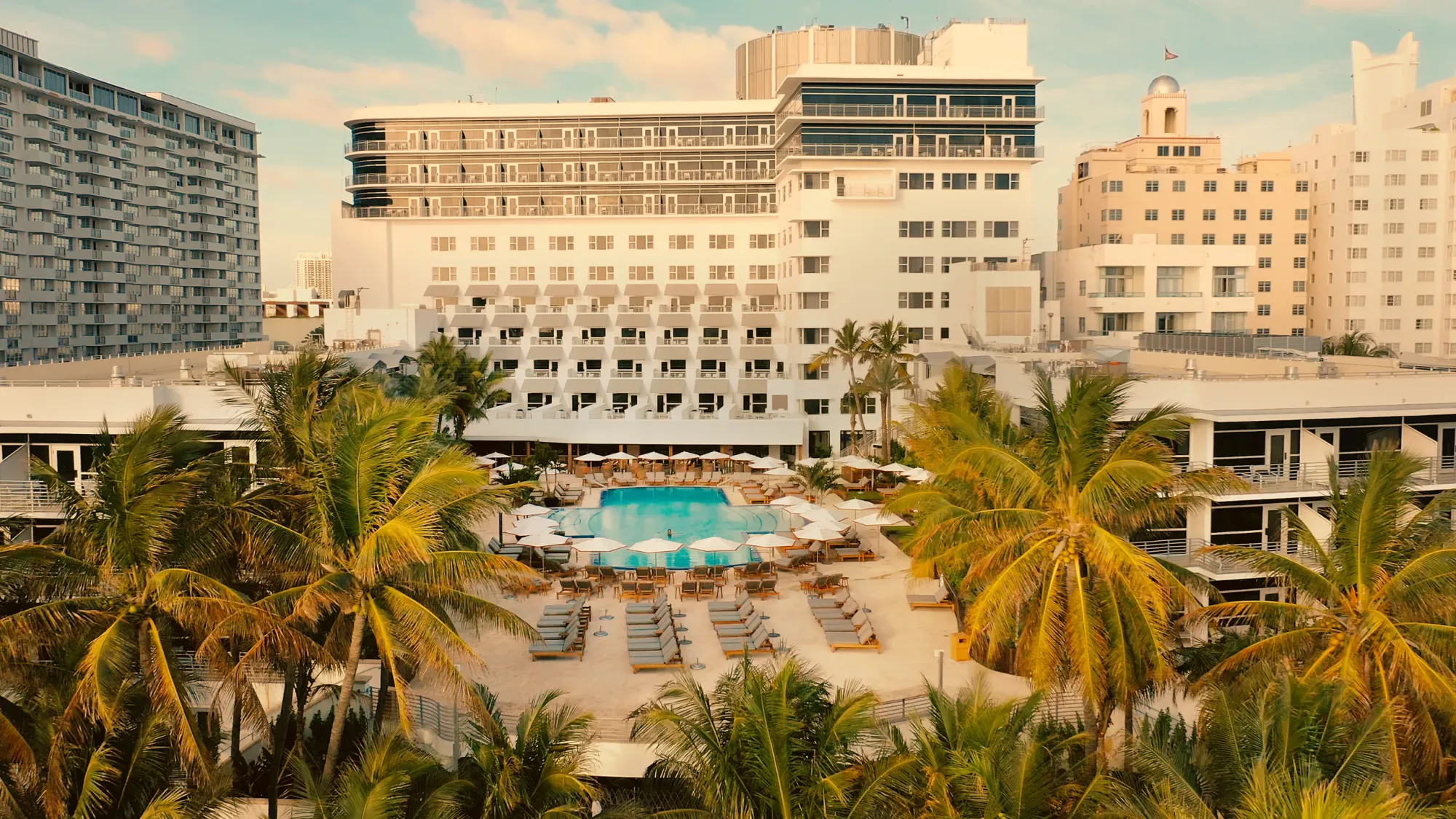 Aerial view of the oceanfront pool at The Ritz-Carlton South Beach hotel near the Miami Boat Show
