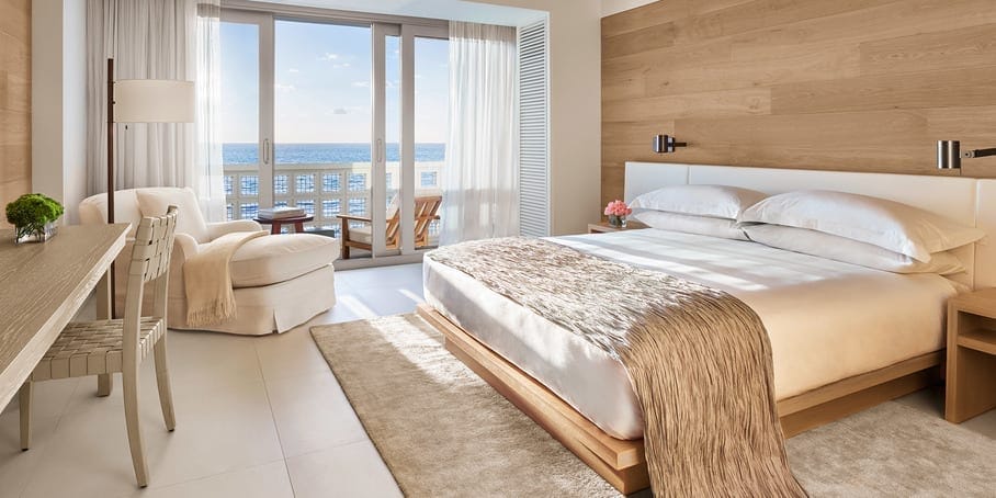 The Miami Beach EDITION Oceanfront Balcony King—calm tones, balcony overlooking the Atlantic