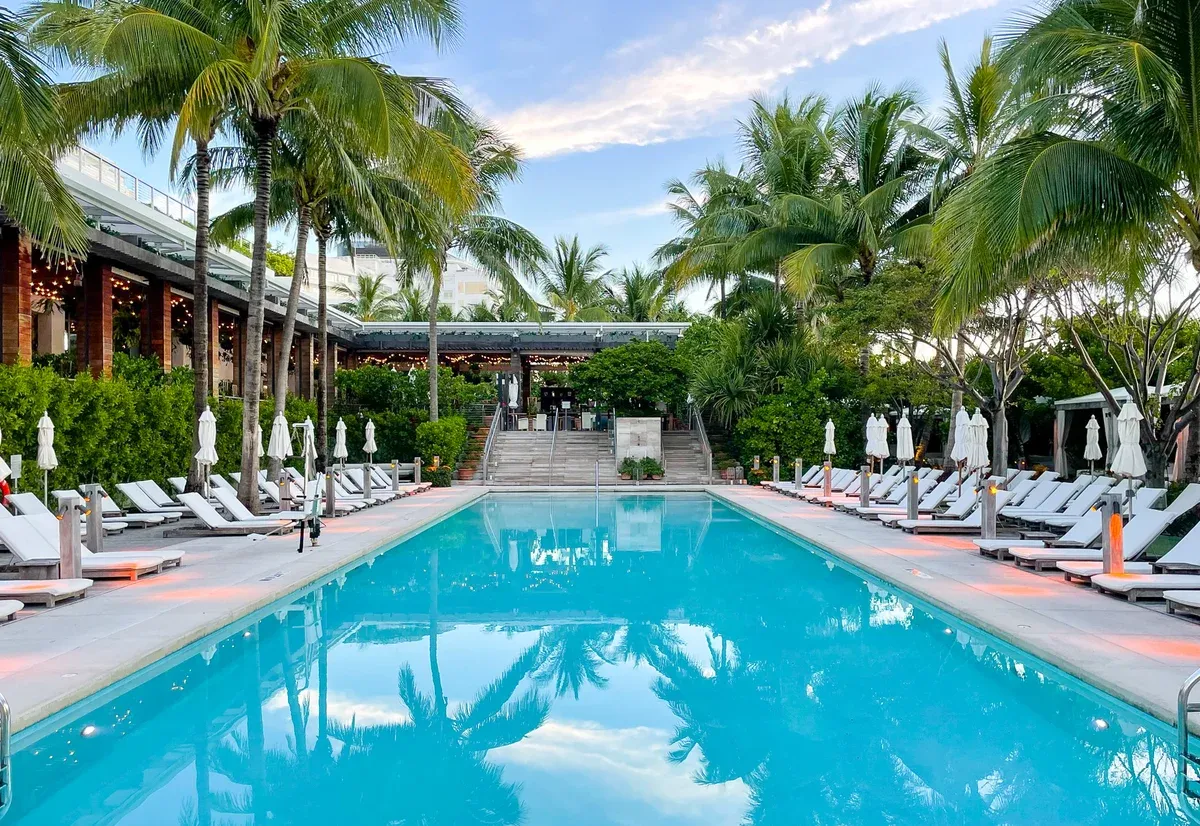 The Miami Beach EDITION main rectangular pool with palm trees and white loungers