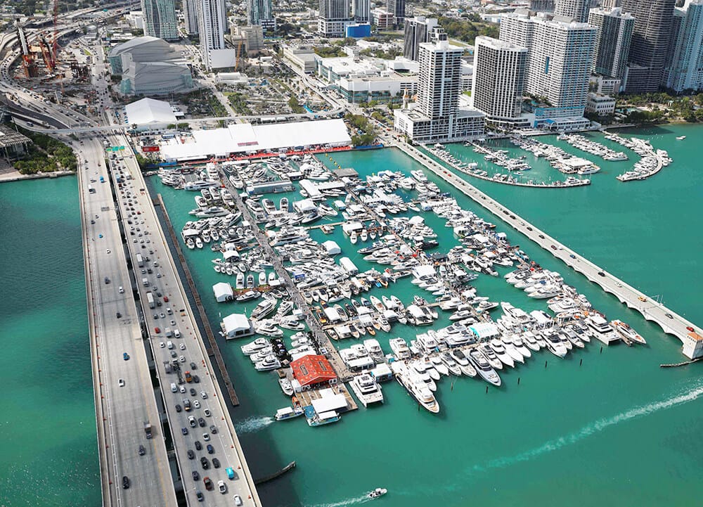 Aerial view of Miami Boat Show yachts at Venetian Marina — best hotels for the Miami Boat Show.