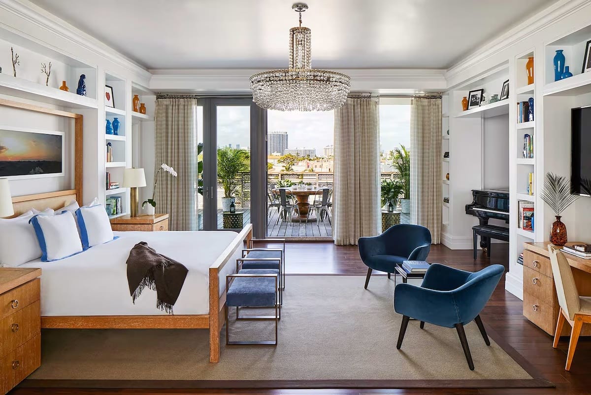 Luxury guest room at The Betsy Hotel in South Beach, Miami Beach Florida — quiet hotel room with balcony and upscale comfort.