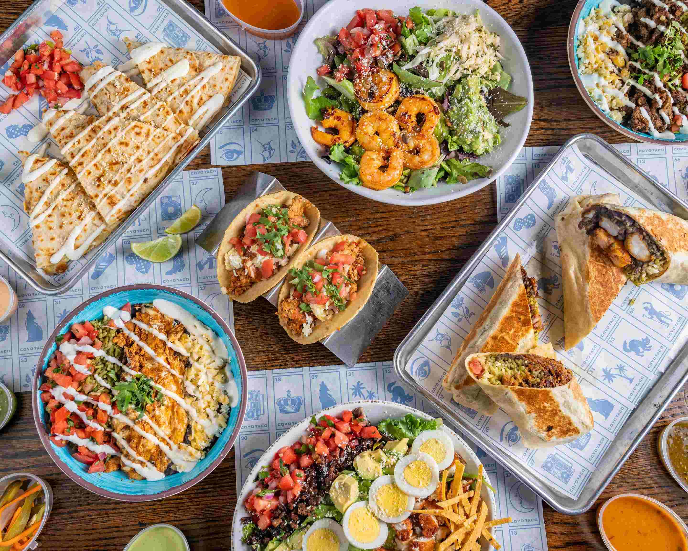 Mexican tacos burritos and bowls at Coyo Taco in Wynwood Miami popular street food restaurant in the Wynwood Art District