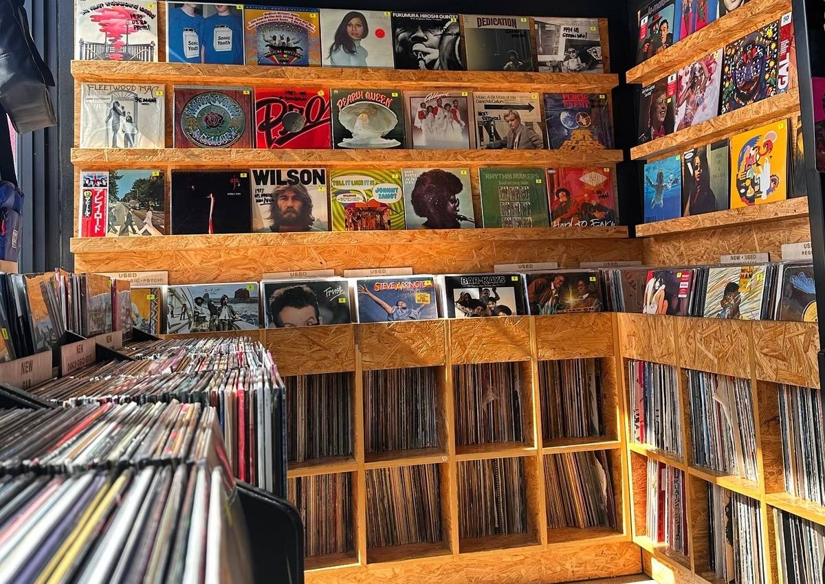 Lucky Records vinyl record store interior in Wynwood Miami featuring crates of classic and rare albums