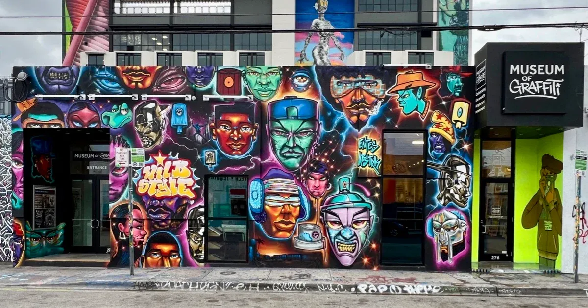 Colorful street art murals on the exterior of the Museum of Graffiti in Wynwood Miami