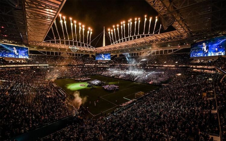 Miami Stadium at night with fireworks during a major soccer event, host venue for the 2026 World Cup in Miami.