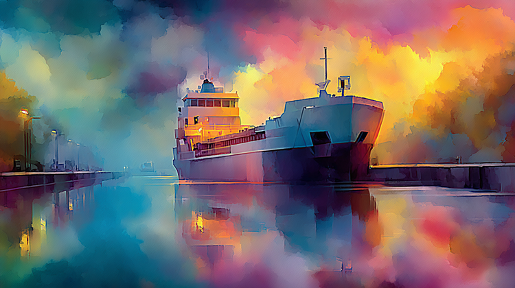 A cargo ship entering a canal lock.