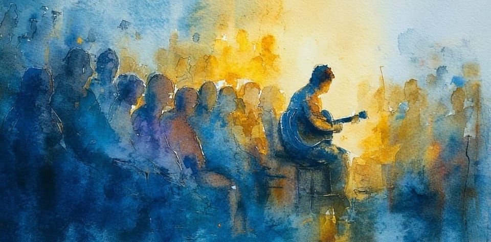 A worship leader sits alone with a congregation not paying attention