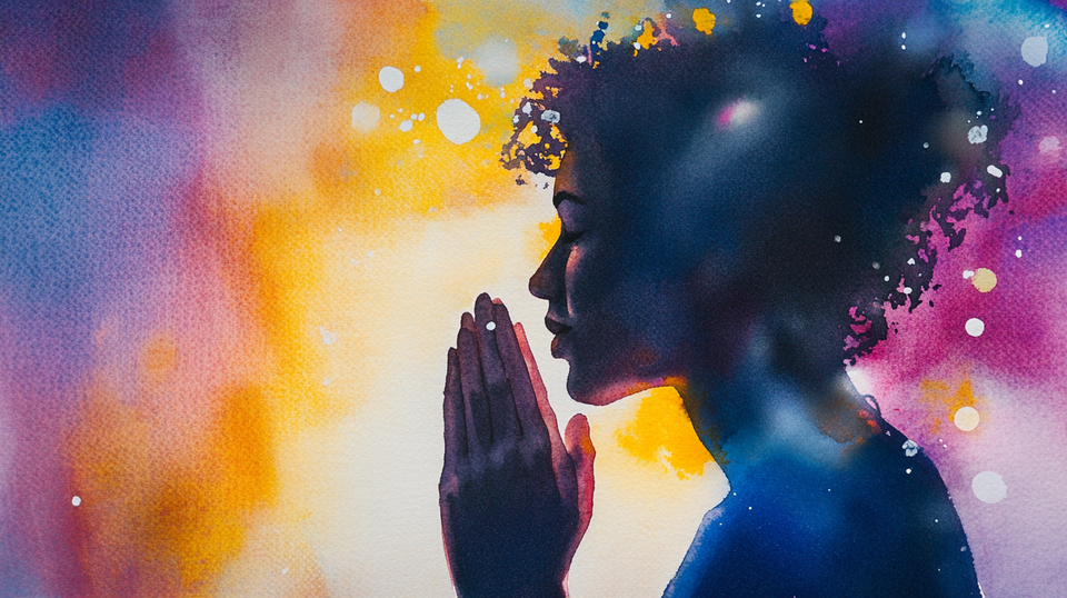 Picture of a woman praying with raised hands.
