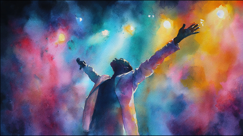 A worshipper with hands raised towards heaven